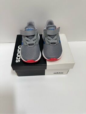 adidas Kids Gray Mesh Sneakers with Blue Logos and Red Toe Accents
